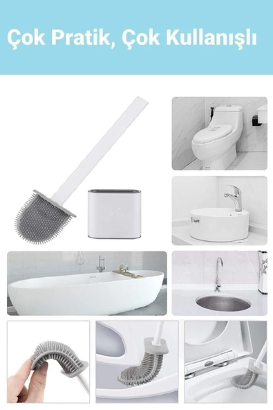 Beyaz Silikon Klozet Fırçası Banyo Tuvalet Wc Küvet Temizleme Fırçası Duvara Monte Seti - 5