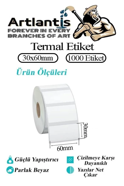 30x60 mm Barkod Etiketi Yapışkanlı 1 Adet Rulo Etiket Termal Barkot Terazi Etiketi 1000 li Barkod Yazıcılarına Uyumludur - 2