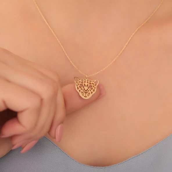 925 Ayar Altın Mikron Kaplama Leopar Tasarım Kolye - CN00376 - Resim 4