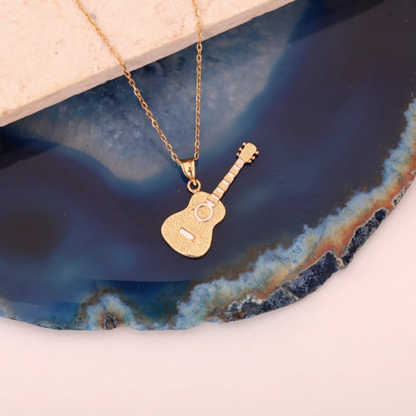 925 Ayar Altın Mikron Kaplama Gitar Tasarım Gümüş Kolye - CN00398 - Resim 5