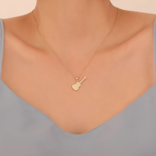 925 Ayar Altın Mikron Kaplama Gitar Tasarım Gümüş Kolye - CN00398 - Resim 4