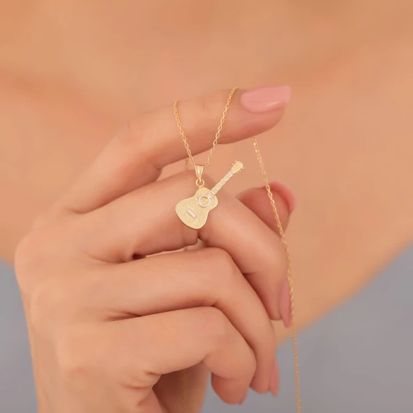 925 Ayar Altın Mikron Kaplama Gitar Tasarım Gümüş Kolye - CN00398 - Resim 2