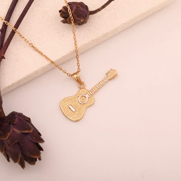 925 Ayar Altın Mikron Kaplama Gitar Tasarım Gümüş Kolye - CN00398 ürün görseli 1
