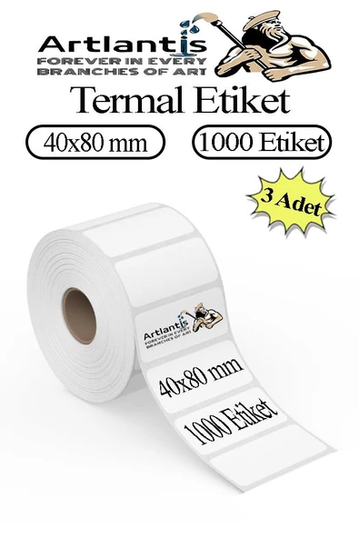 40x80 mm Barkod Etiketi Yapışkanlı 3 Adet Rulo Etiket Termal Barkot Terazi Etiketi 1000 li Barkod Yazıcılarına Uyumludur
