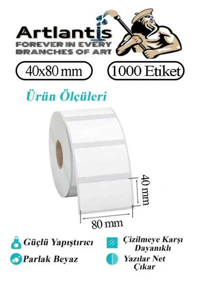 40x80 mm Barkod Etiketi Yapışkanlı 3 Adet Rulo Etiket Termal Barkot Terazi Etiketi 1000 li Barkod Yazıcılarına Uyumludur - 2