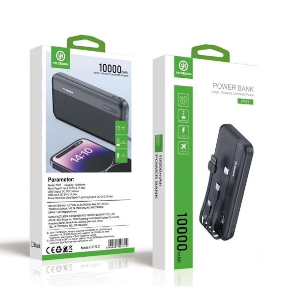 Powerbank 10000mAh Hızlı Kablosuz Şarj Çift Giriş Mikro Type-C USB Lightning 4 Kablolu Güç Kaynağı - 6