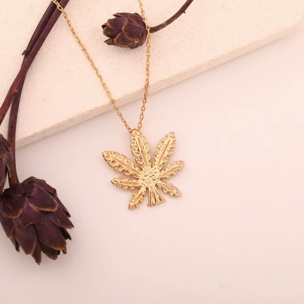 925 Ayar Altın Mikron Kaplama Gümüş Yaprak Kolye - CN00392 - Resim 5