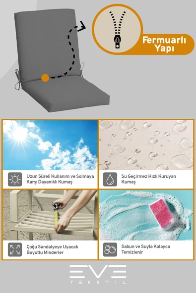 Bahçe - Salon - Balkon Arkalıklı Fermuarlı Bağlanabilir Yıkanabilir Sandalye Minderi 8 Adet - 4