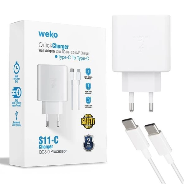 WEKO WK-21440 S11-C 25 WATT BEYAZ ŞARJ BAŞLIK ADAPTÖRÜ + TYPE-C TO TYPE-C KABLO (NO:9T)