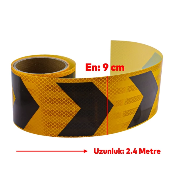 Yapışkanlı Sarı Siyah İşaretli Yönlendirme Reflektörlü Reflektif Şerit Bant 9 cm İkaz Bandı 2.4 Mt - 2