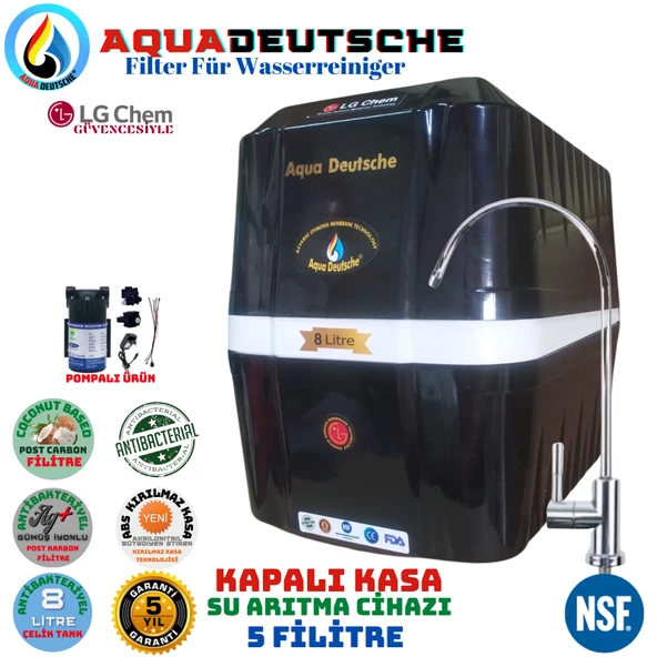 AQUA DEUTSCHE PREMIUM SİYAH BEYAZ POMPALI 8 LİTRE 5 FİLTRE 10 AŞAMA SU ARITMA CİHAZI ürün görseli