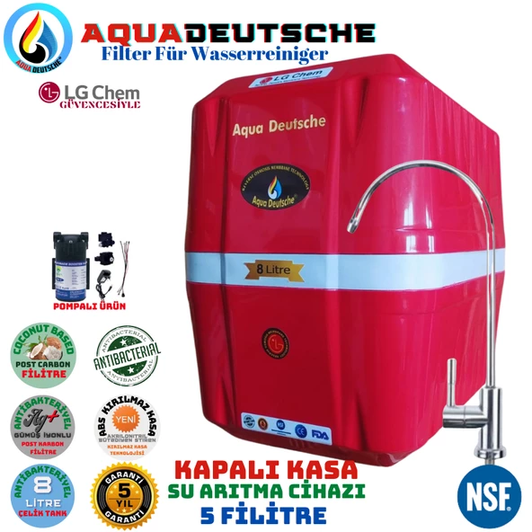 AQUA DEUTSCHE PREMIUM KIRMIZI BEYAZ POMPALI 8 LİTRE 5 FİLTRE 10 AŞAMA SU ARITMA CİHAZI