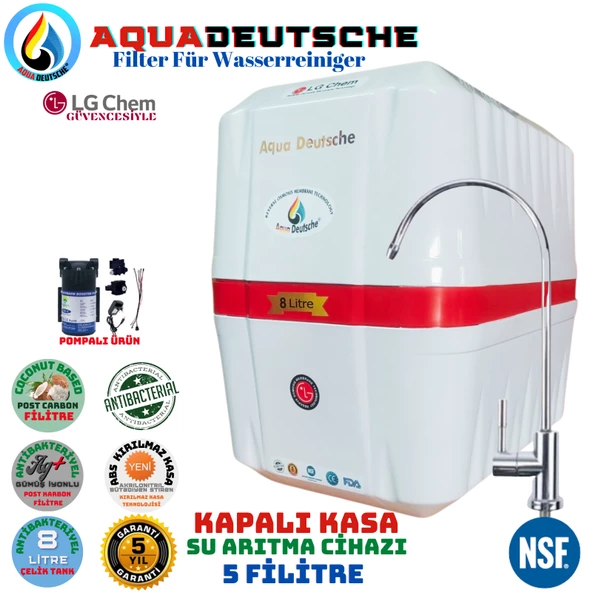 AQUA DEUTSCHE PREMIUM BEYAZ KIRMIZI POMPALI 8 LİTRE 5 FİLTRE 10 AŞAMA SU ARITMA CİHAZI