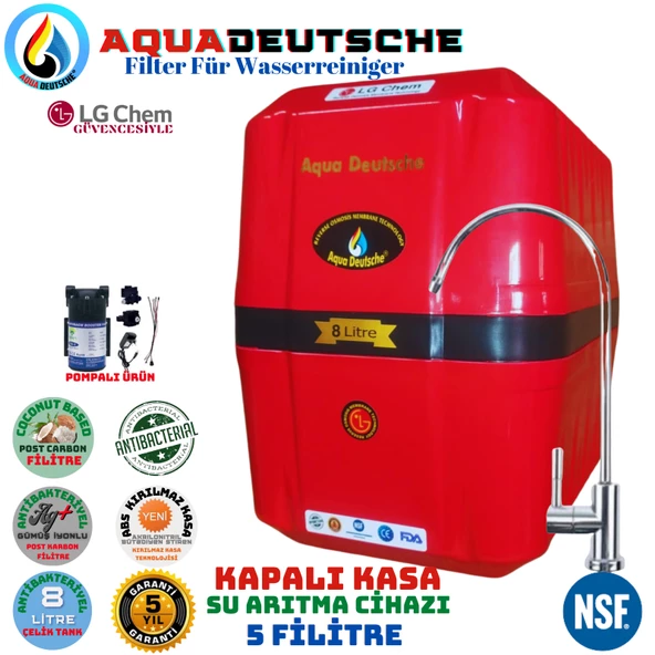 AQUA DEUTSCHE PREMIUM KIRMIZI SİYAH POMPALI 8 LİTRE 5 FİLTRE 10 AŞAMA SU ARITMA CİHAZI