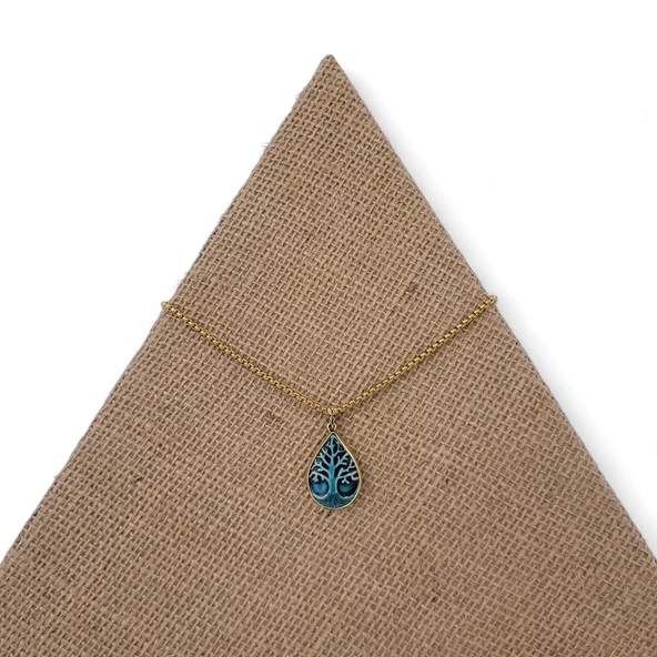 Çınar Damlası Pirinç Çini Taşlı Çelik Zincir Kolye ürün görseli