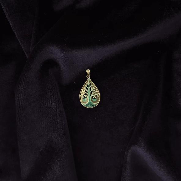 Çınar Damlası Pirinç Çini Taşlı Çelik Zincir Kolye - Resim 4