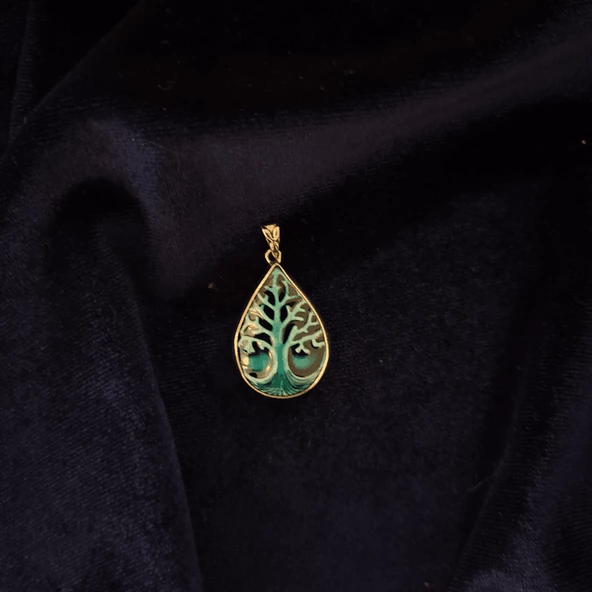 Çınar Damlası Pirinç Çini Taşlı Çelik Zincir Kolye - Resim 2