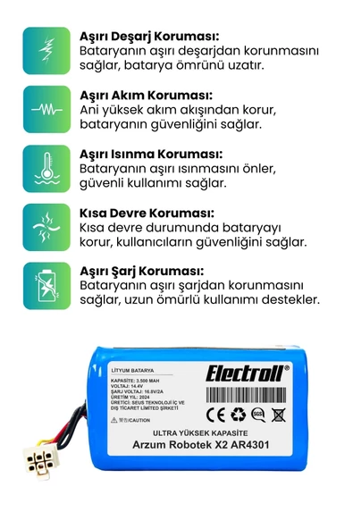 Arzum Robotek X2 AR4301 Robot Süpürge Bataryası (ULTRA YÜKSEK KAPASİTE) 3500mAh Robot Süpürge Pil - 3