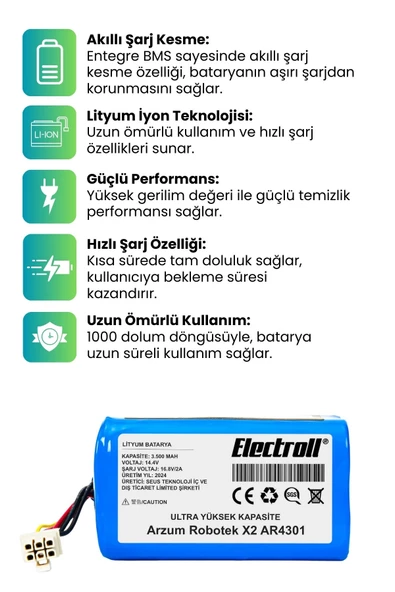 Arzum Robotek X2 AR4301 Robot Süpürge Bataryası (ULTRA YÜKSEK KAPASİTE) 3500mAh Robot Süpürge Pil - 2