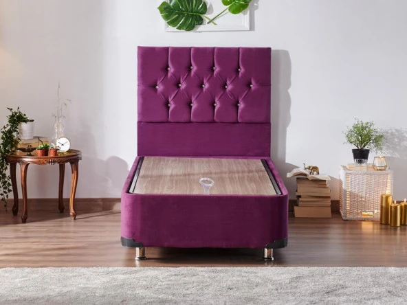 Niron Violet Baza ve Başlık Seti - 90x190 cm Tek Kişilik Sandıklı Mor Kumaş Baza ve Başlığı