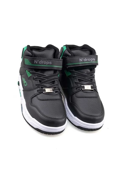 Ndrops 021-24 Deri Cırt Bantlı Erkek Çocuk Spor Bot Siyah Yeşil - Resim 2