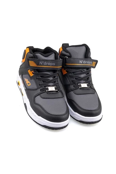 Ndrops 021-24 Deri Cırt Bantlı Erkek Çocuk Spor Bot Siyah Turuncu - 2