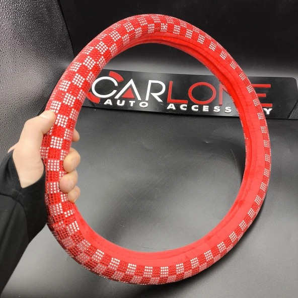 Tay Tüyü Peluş Kırmızı Taşlı Geçme Direksiyon Kılıfı-İç 32cm - 2