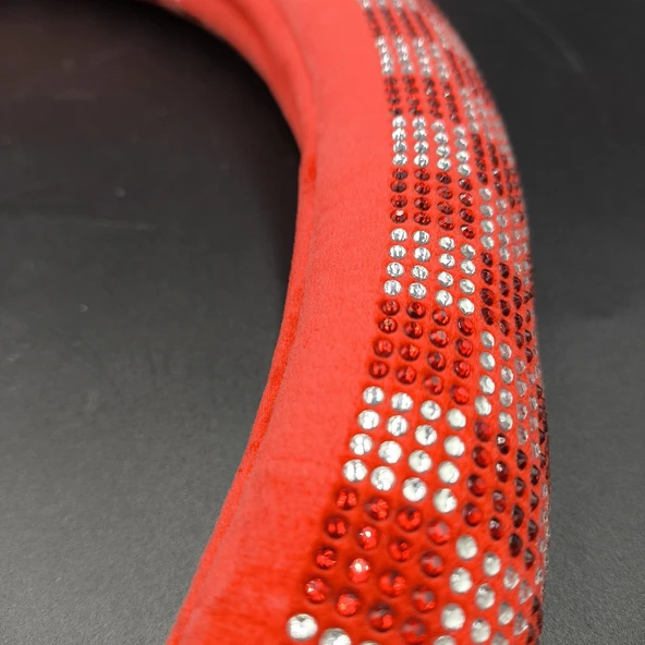 Tay Tüyü Peluş Kırmızı Taşlı Geçme Direksiyon Kılıfı-İç 32cm - 3