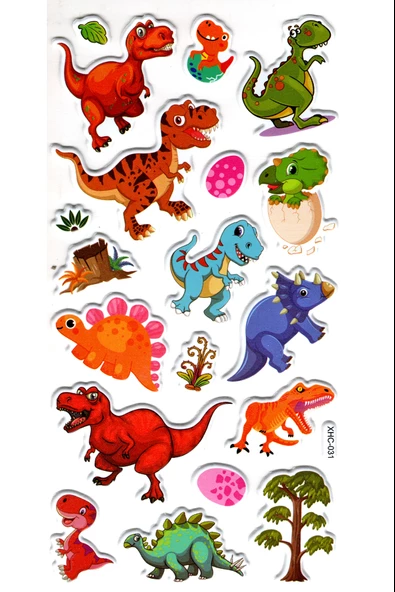 Sticker Kabartmalı Stiker Çıkartma Etiket (XHC031)-18x9 cm- Mutlu Dinozor