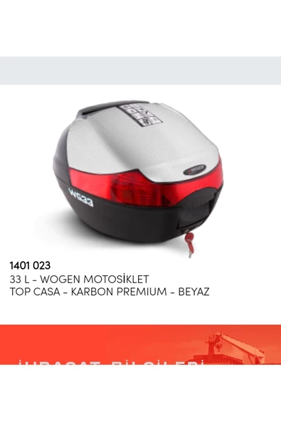 Wogen 33 Litre Sırt Dayamasız Basic Model Karbon Motosiklet Topcase Arka Çanta Beyaz