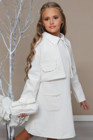 Kız Çocuk Blazer Ceketli Bebe Yaka Sıfır Kol Triko Beyaz Elbise - Resim 6