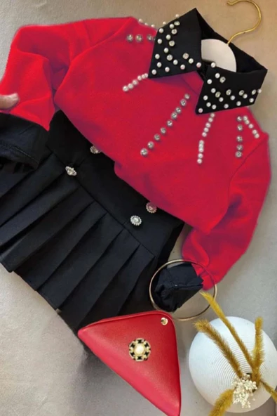 Kız Çocuk Üzeri Taş ve Boncuk İşlemeli Kırmızı Kazak Gömlek Kombin Gümüş Düğme Pileli Etekli Takım - 5