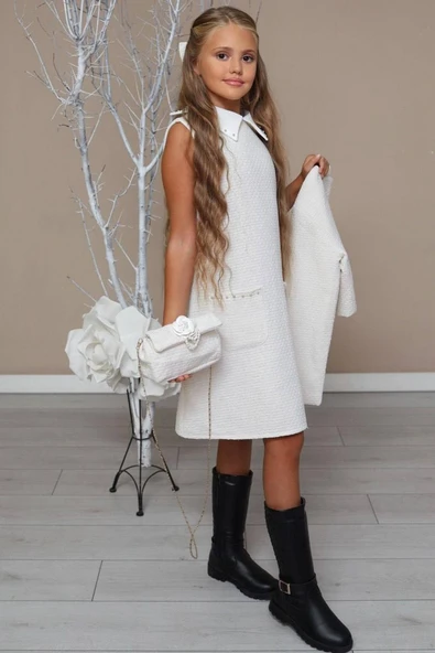 Kız Çocuk Blazer Ceketli Bebe Yaka Sıfır Kol Triko Beyaz Elbise - Resim 8