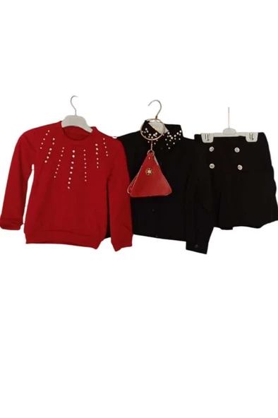 Kız Çocuk Üzeri Taş ve Boncuk İşlemeli Kırmızı Kazak Gömlek Kombin Gümüş Düğme Pileli Etekli Takım - 2
