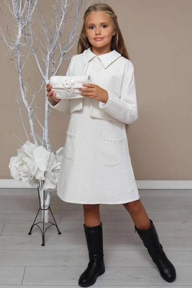 Kız Çocuk Blazer Ceketli Bebe Yaka Sıfır Kol Triko Beyaz Elbise - Resim 4