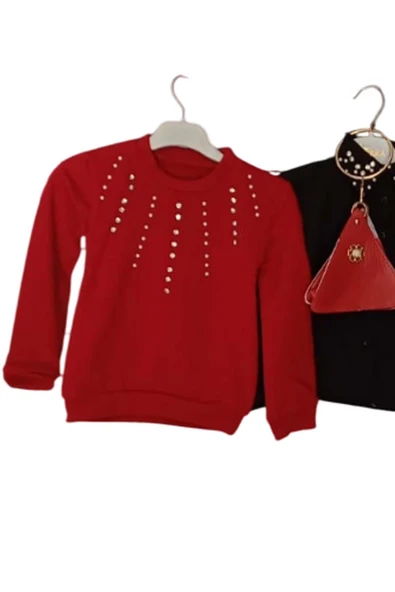 Kız Çocuk Üzeri Taş ve Boncuk İşlemeli Kırmızı Kazak Gömlek Kombin Gümüş Düğme Pileli Etekli Takım - 8