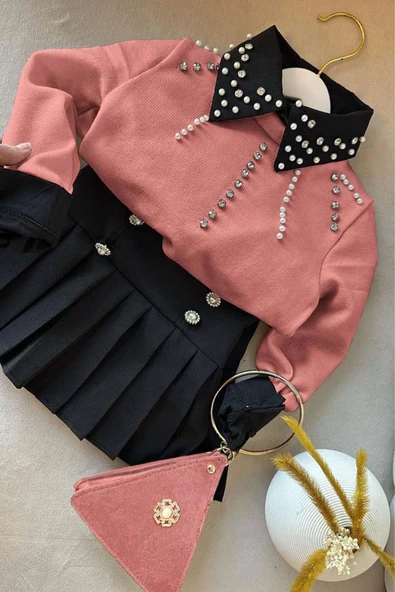 Kız Çocuk Üzeri Taş ve Boncuk İşlemeli Pudra Kazak Gömlek Kombin Gümüş Düğme Pileli Etekli Takım - 5