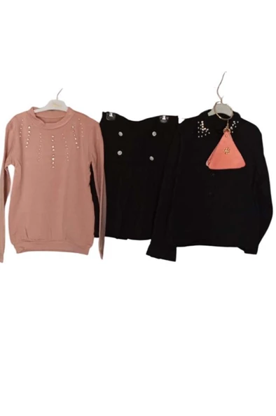 Kız Çocuk Üzeri Taş ve Boncuk İşlemeli Pudra Kazak Gömlek Kombin Gümüş Düğme Pileli Etekli Takım - 2