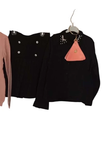 Kız Çocuk Üzeri Taş ve Boncuk İşlemeli Pudra Kazak Gömlek Kombin Gümüş Düğme Pileli Etekli Takım - 4