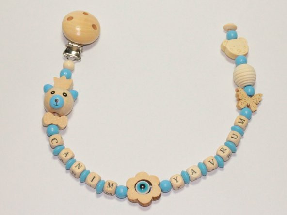 İsimli Emzik Zinciri / Emzik Askısı / En Güzel Bebek Hediyesi Nazar Boncuklu Mavi & Ahşap - 2