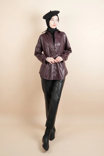 Bayan Deri Gömlek Tek Cepli Düğmeli Gömlek Bordo - 2