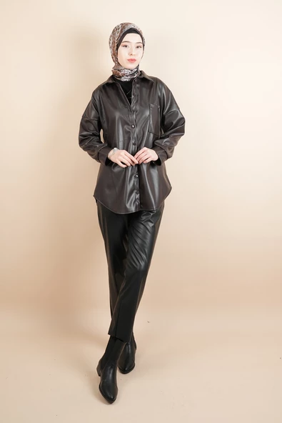 Bayan Deri Gömlek Tek Cepli Düğmeli Gömlek Kahverengi