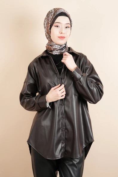 Bayan Deri Gömlek Tek Cepli Düğmeli Gömlek Kahverengi - 4