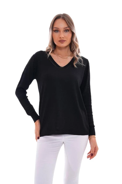 Kadın V Yaka Kol Desenli Kazak 12793 BGL-ST04096 - Resim 2