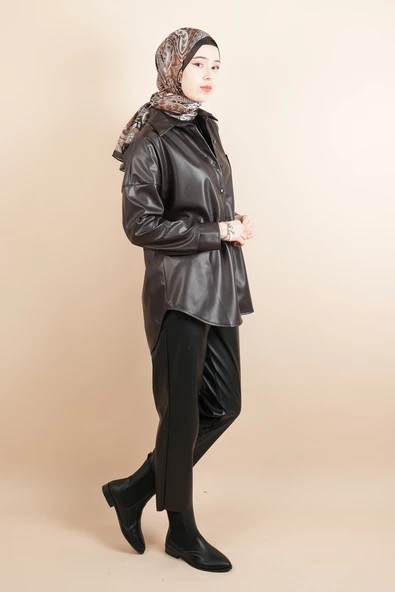 Bayan Deri Gömlek Tek Cepli Düğmeli Gömlek Kahverengi - 2