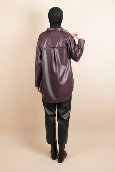 Bayan Deri Gömlek Tek Cepli Düğmeli Gömlek Bordo - 4