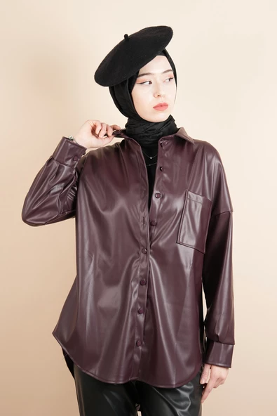 Bayan Deri Gömlek Tek Cepli Düğmeli Gömlek Bordo