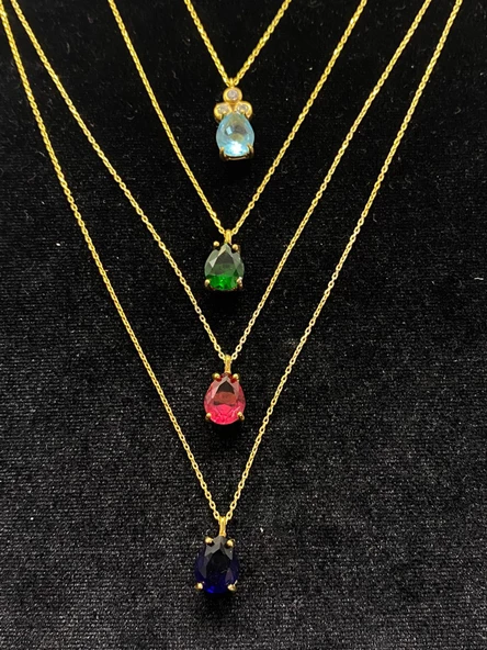 Renkli Zirkon Taşlı 925 Ayar Gümüş Zincirli Damla Bayan Otantik Kolye - 3