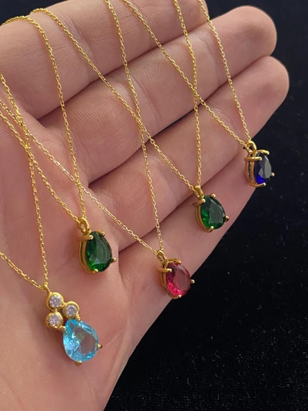 Renkli Zirkon Taşlı 925 Ayar Gümüş Zincirli Damla Bayan Otantik Kolye - 4