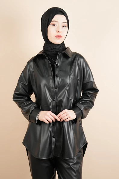 Bayan Deri Gömlek Tek Cepli Düğmeli Gömlek Siyah - 4